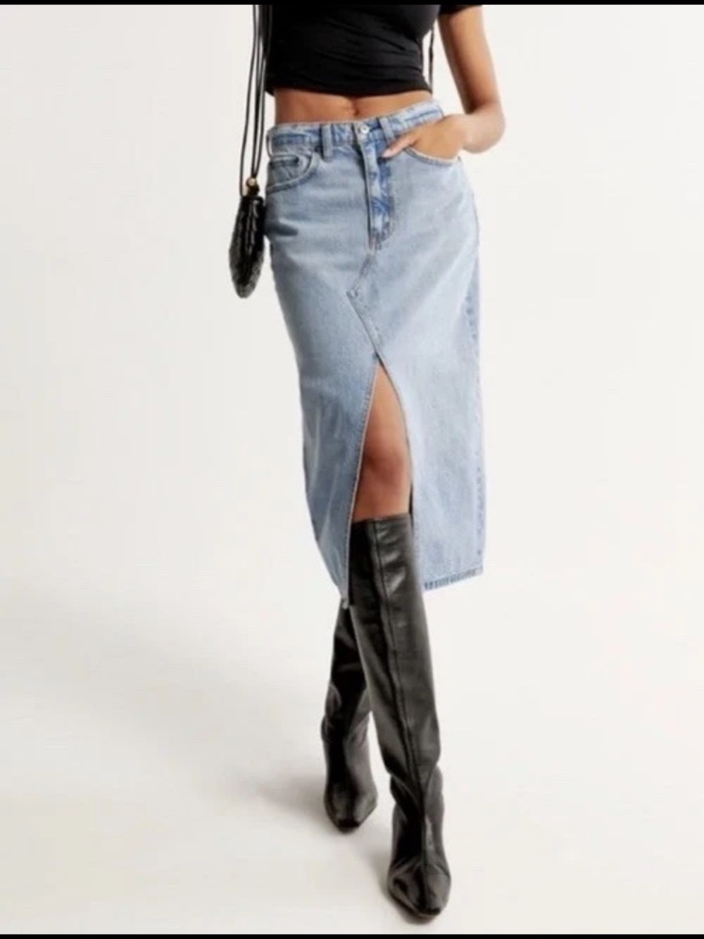 Abercrombie & Fitch High Rise Denim Midi Jean Skirt Front Slit Size 27/4